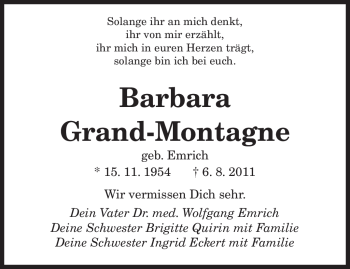 Traueranzeige von Barbara Grand-Montagne von SAARBRÜCKER ZEITUNG