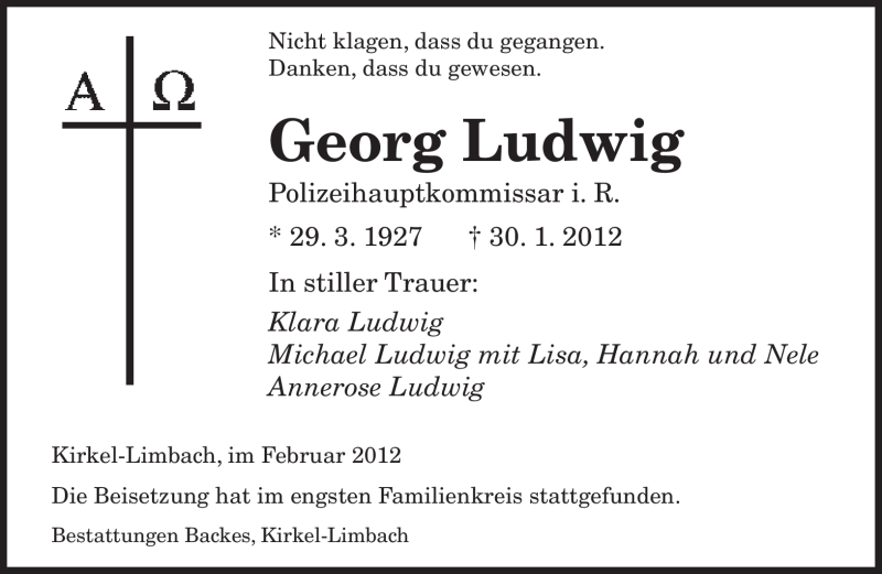  Traueranzeige für Georg Ludwig vom 15.02.2012 aus SAARBRÜCKER ZEITUNG