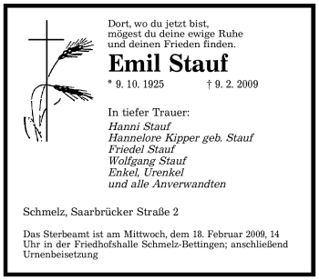 Traueranzeige von Emil Stauf von SAARBRÜCKER ZEITUNG