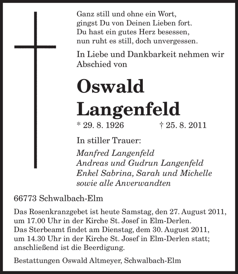  Traueranzeige für Oswald Langenfeld vom 27.08.2011 aus SAARBRÜCKER ZEITUNG