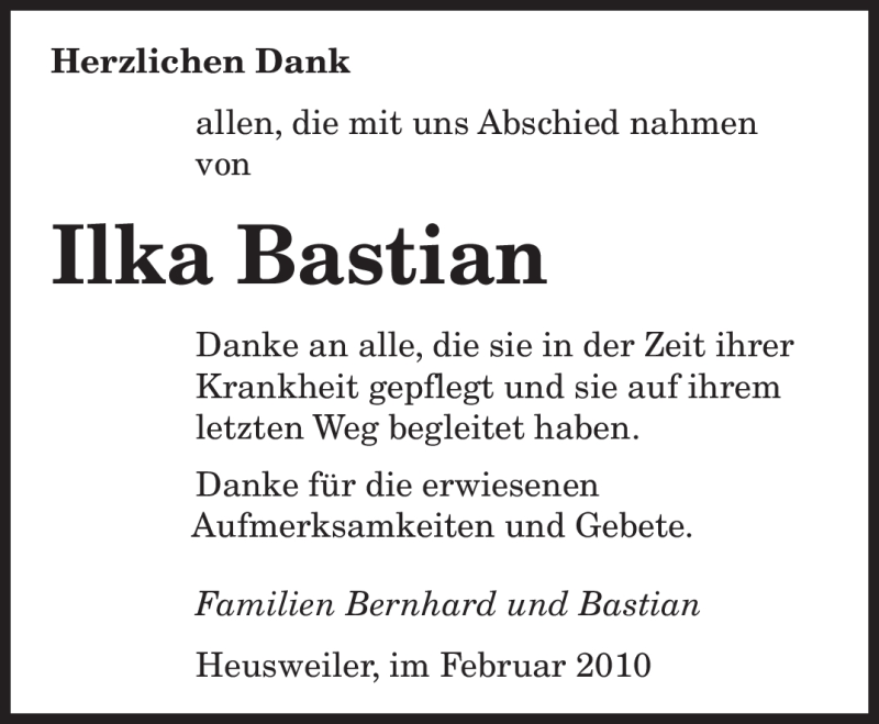  Traueranzeige für Ilka Bastian vom 24.02.2010 aus SAARBRÜCKER ZEITUNG