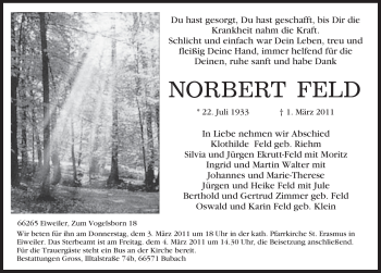 Traueranzeige von Norbert Feld von SAARBRÜCKER ZEITUNG