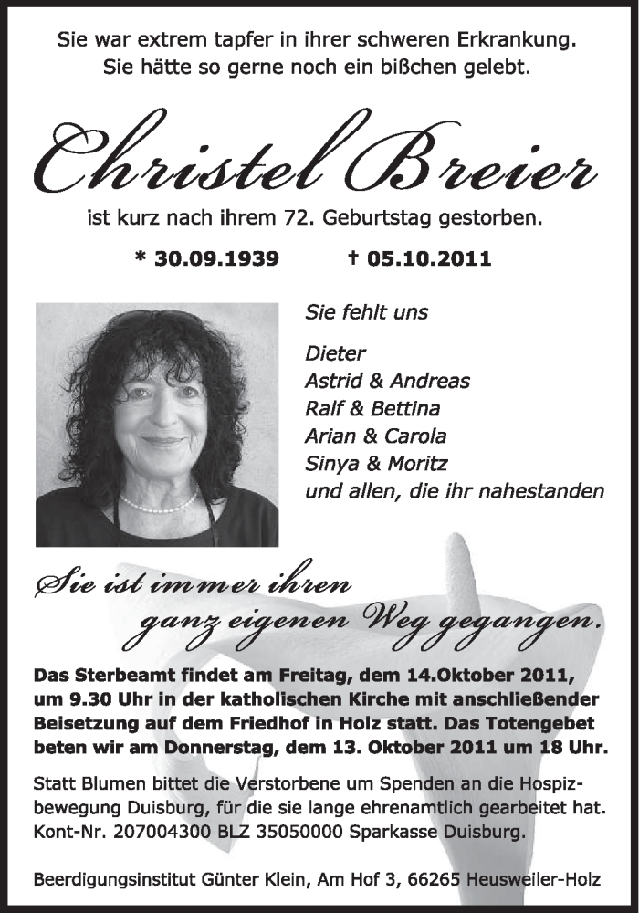  Traueranzeige für Christel Breier vom 12.10.2011 aus SAARBRÜCKER ZEITUNG