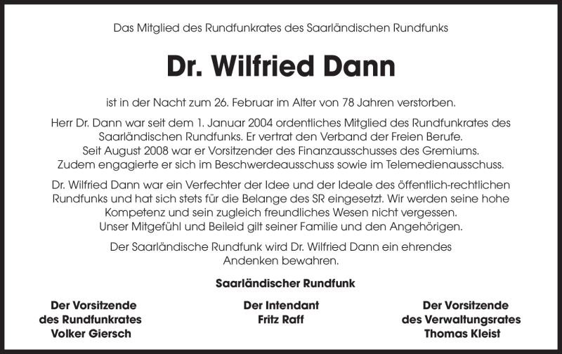  Traueranzeige für Wilfried Dann vom 02.03.2010 aus SAARBRÜCKER ZEITUNG