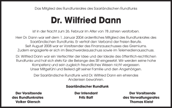 Traueranzeige von Wilfried Dann von SAARBRÜCKER ZEITUNG