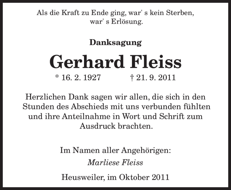  Traueranzeige für Gerhard Fleiss vom 22.10.2011 aus SAARBRÜCKER ZEITUNG