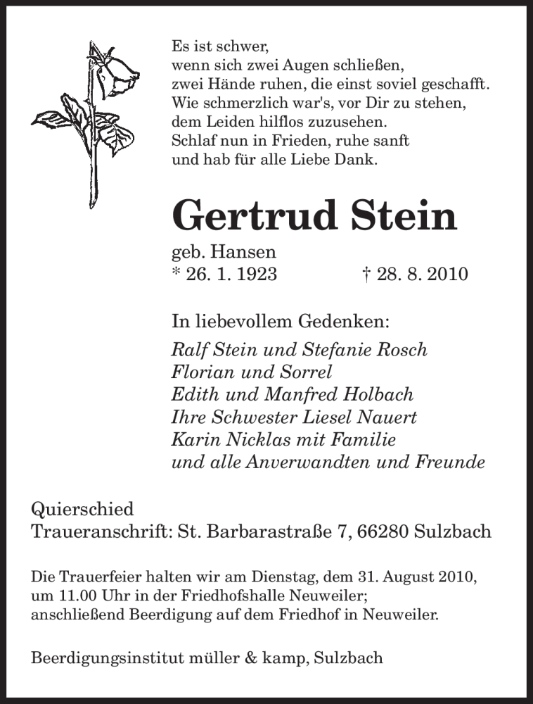  Traueranzeige für Gertrud Stein vom 30.08.2010 aus SAARBRÜCKER ZEITUNG