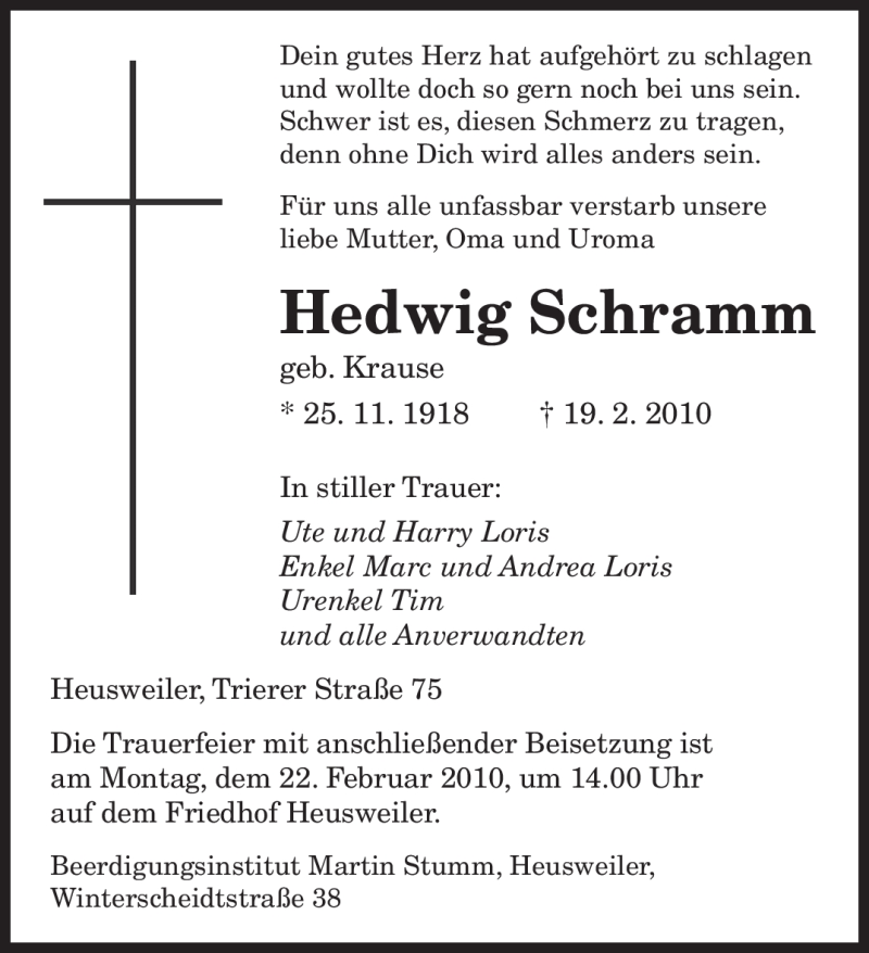  Traueranzeige für Hedwig Schramm vom 20.02.2010 aus SAARBRÜCKER ZEITUNG