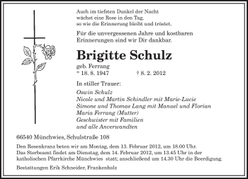 Traueranzeige von Brigitte Schulz von SAARBRÜCKER ZEITUNG