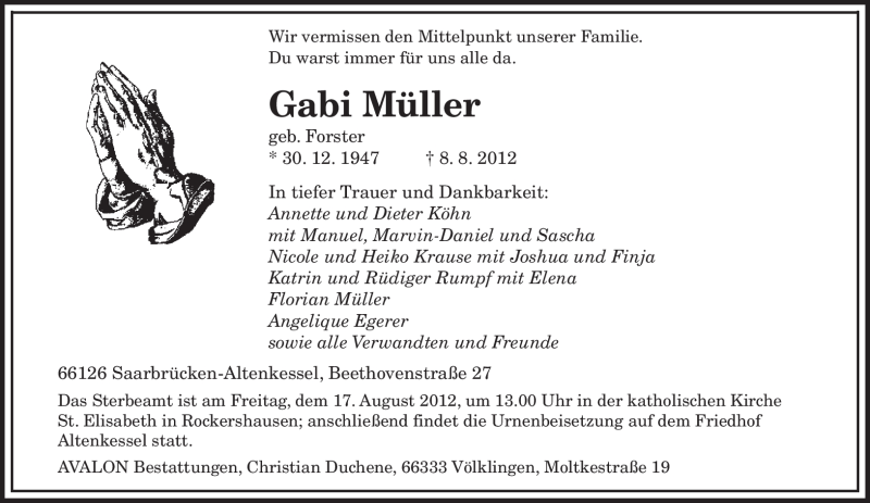  Traueranzeige für Gabi Müller vom 11.08.2012 aus SAARBRÜCKER ZEITUNG