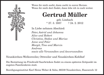 Traueranzeige von Gertrud Müller von SAARBRÜCKER ZEITUNG