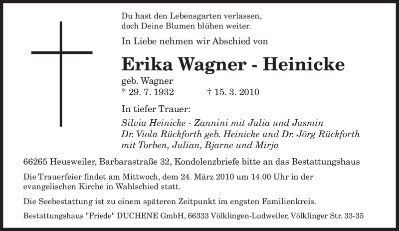  Traueranzeige für Erika Wagner - Heinicke vom 20.03.2010 aus SAARBRÜCKER ZEITUNG