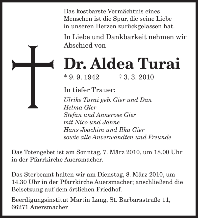  Traueranzeige für Aldea Turai vom 06.03.2010 aus SAARBRÜCKER ZEITUNG
