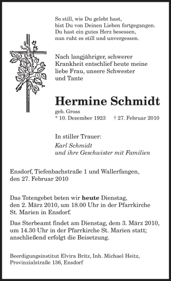 Traueranzeige von Hermine Schmidt von SAARBRÜCKER ZEITUNG