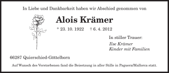 Traueranzeige von Alois Krämer von SAARBRÜCKER ZEITUNG