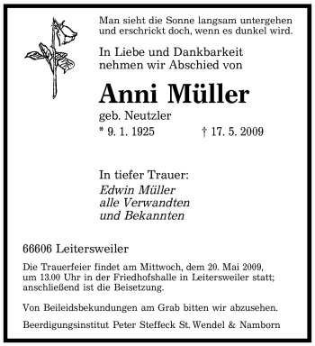 Traueranzeige von Anni Müller von SAARBRÜCKER ZEITUNG