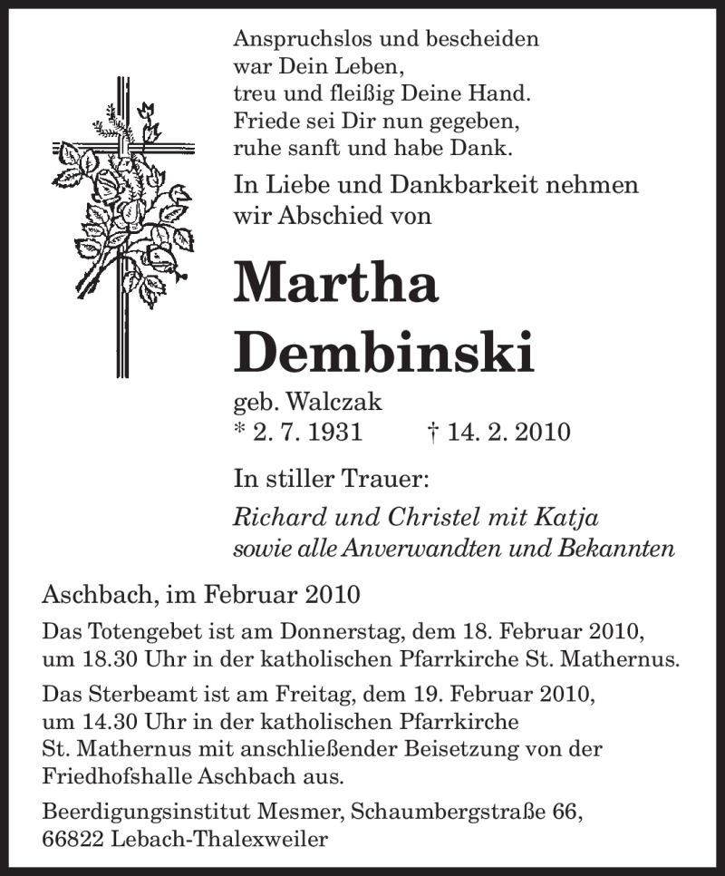  Traueranzeige für Martha Dembinski vom 17.02.2010 aus SAARBRÜCKER ZEITUNG