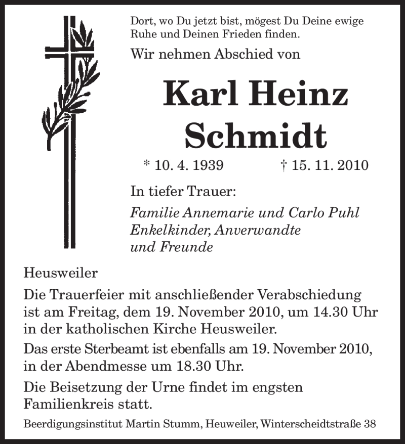  Traueranzeige für Karl Heinz Schmidt vom 18.11.2010 aus SAARBRÜCKER ZEITUNG