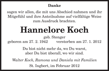 Traueranzeige von Hannelore Koch von SAARBRÜCKER ZEITUNG