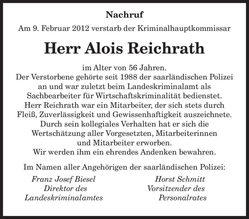  Traueranzeige für Alois Reichrath vom 16.02.2012 aus SAARBRÜCKER ZEITUNG