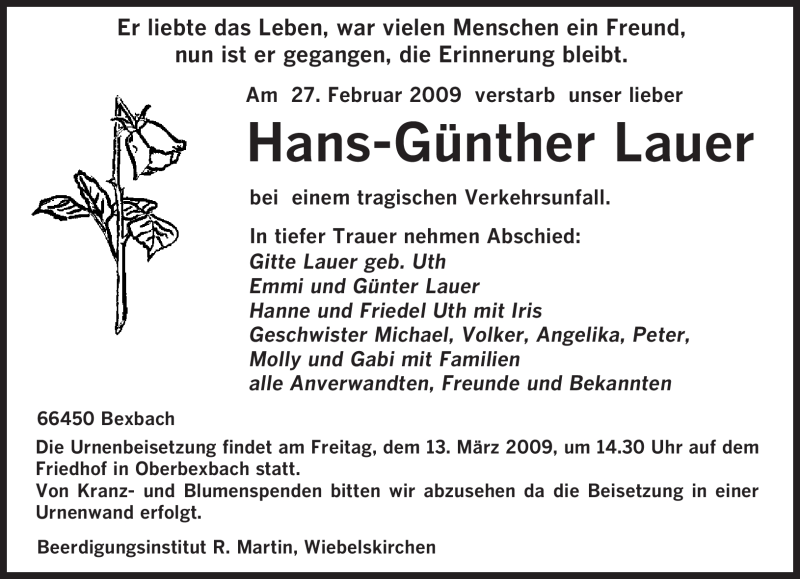  Traueranzeige für Hans-Günther Lauer vom 11.03.2009 aus SAARBRÜCKER ZEITUNG