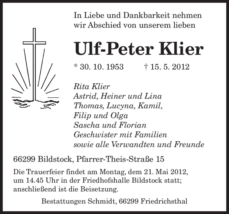  Traueranzeige für Ulf-Peter Klier vom 18.05.2012 aus SAARBRÜCKER ZEITUNG