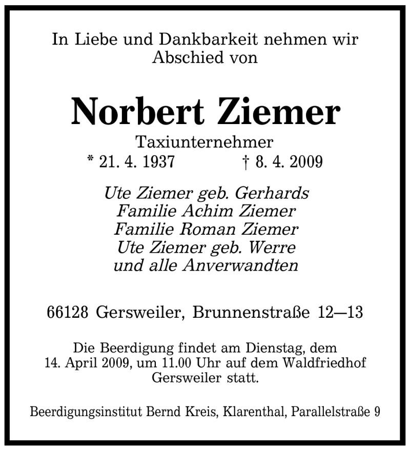  Traueranzeige für Norbert Ziemer vom 11.04.2009 aus SAARBRÜCKER ZEITUNG