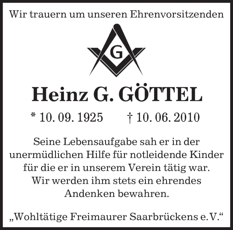  Traueranzeige für Heinz G. Göttel vom 26.06.2010 aus SAARBRÜCKER ZEITUNG