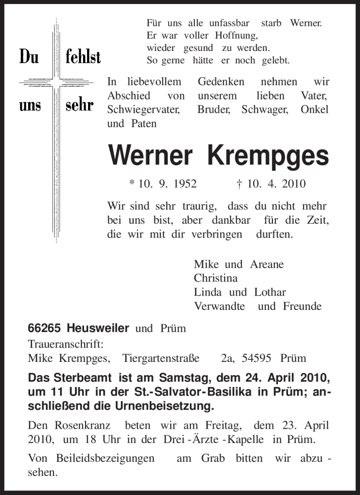  Traueranzeige für Werner Krempges vom 17.04.2010 aus 
