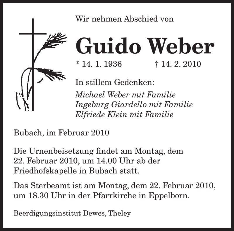  Traueranzeige für Guido Weber vom 20.02.2010 aus SAARBRÜCKER ZEITUNG