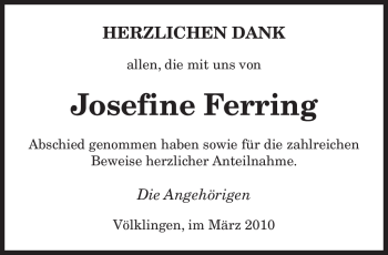 Traueranzeige von Josefine Ferring von SAARBRÜCKER ZEITUNG
