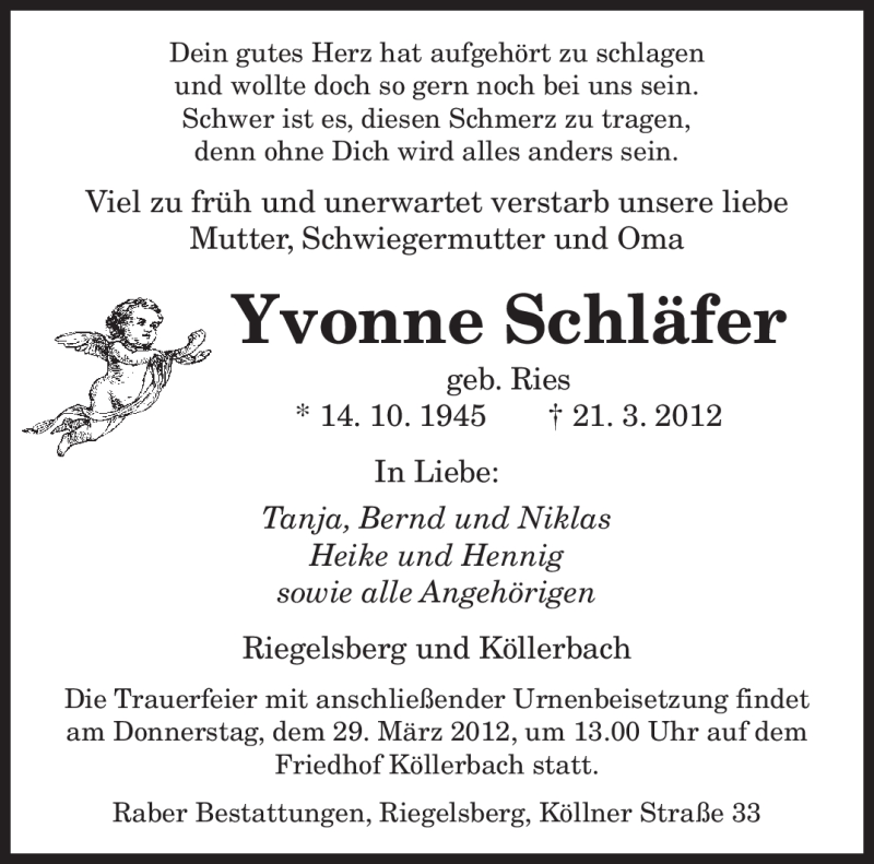  Traueranzeige für Yvonne Schläfer vom 24.03.2012 aus SAARBRÜCKER ZEITUNG