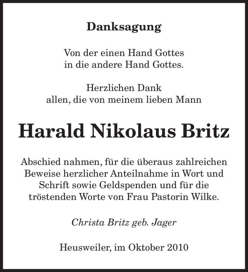  Traueranzeige für Harald Nikolaus Britz vom 29.10.2010 aus SAARBRÜCKER ZEITUNG