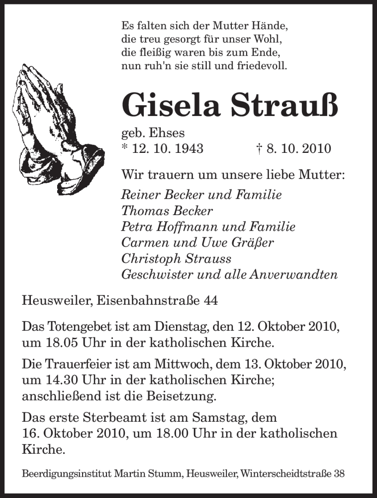  Traueranzeige für Gisela Strauß vom 11.10.2010 aus SAARBRÜCKER ZEITUNG