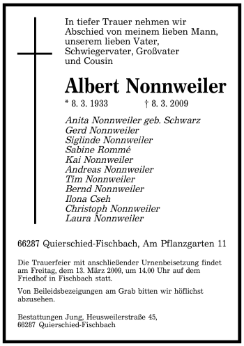 Traueranzeige von Albert Nonnweiler von SAARBRÜCKER ZEITUNG