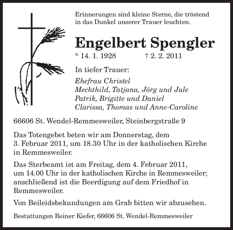  Traueranzeige für Engelbert Spengler vom 03.02.2011 aus SAARBRÜCKER ZEITUNG