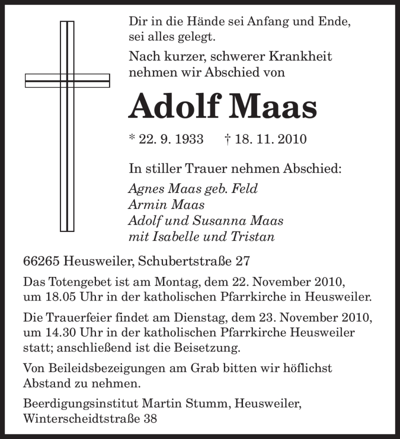 Traueranzeige für Adolf Maas vom 20.11.2010 aus SAARBRÜCKER ZEITUNG