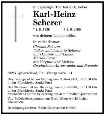 Traueranzeige von Karl-Heinz Scherer von SAARBRÜCKER ZEITUNG