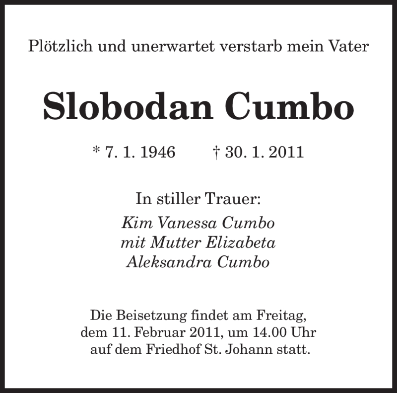  Traueranzeige für Slobodan Cumbo vom 09.02.2011 aus SAARBRÜCKER ZEITUNG