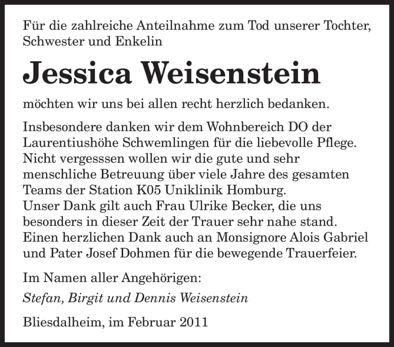  Traueranzeige für Jessica Weisenstein vom 23.02.2011 aus SAARBRÜCKER ZEITUNG