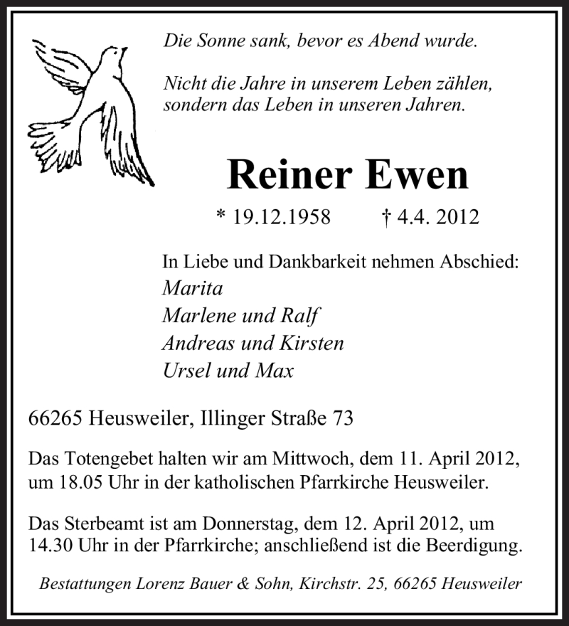  Traueranzeige für Reiner Ewen vom 10.04.2012 aus SAARBRÜCKER ZEITUNG