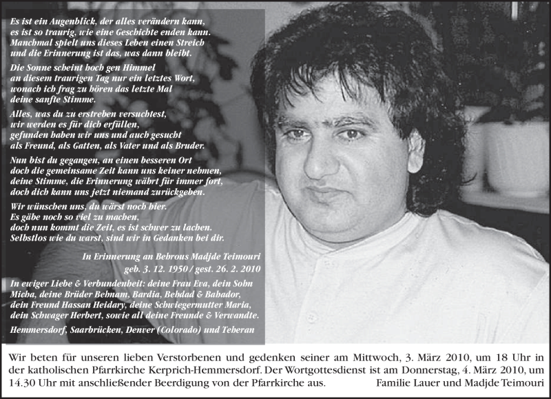  Traueranzeige für Behrous Madjde Teimouri vom 02.03.2010 aus SAARBRÜCKER ZEITUNG