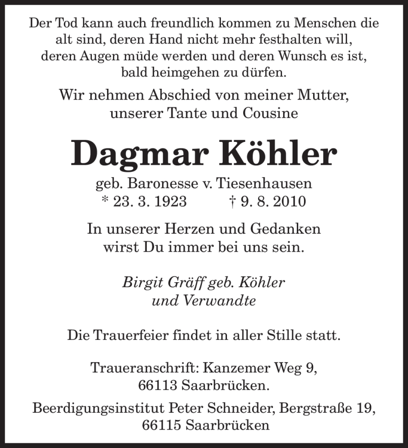  Traueranzeige für Dagmar Köhler vom 14.08.2010 aus SAARBRÜCKER ZEITUNG