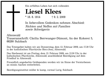 Traueranzeige von Liesel Klees von SAARBRÜCKER ZEITUNG