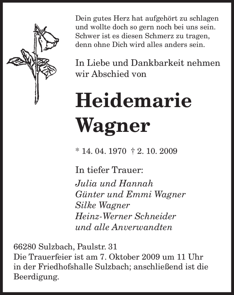  Traueranzeige für Heidemarie Wagner vom 06.10.2009 aus SAARBRÜCKER ZEITUNG