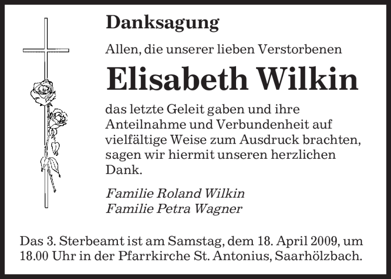  Traueranzeige für Elisabeth Wilkin vom 04.04.2009 aus SAARBRÜCKER ZEITUNG