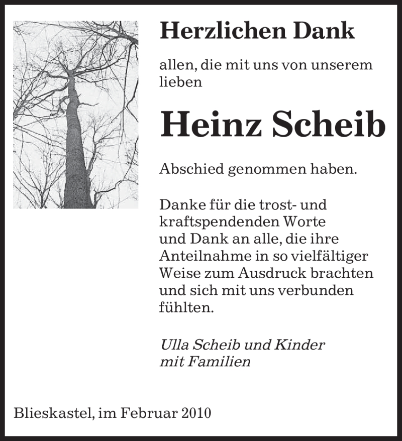  Traueranzeige für Heinz Scheib vom 24.02.2010 aus SAARBRÜCKER ZEITUNG