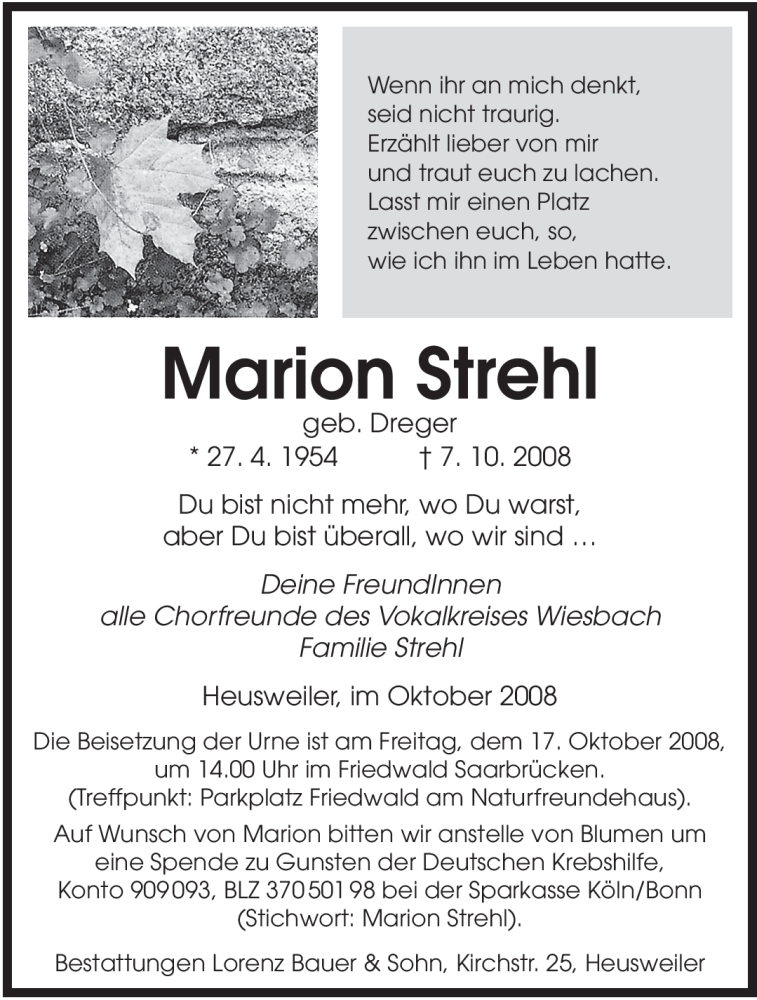  Traueranzeige für Marion Strehl vom 11.10.2008 aus SAARBRÜCKER ZEITUNG