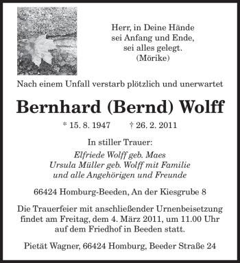 Traueranzeige von Bernhard Wolff von SAARBRÜCKER ZEITUNG