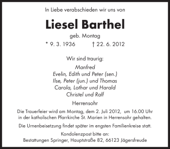 Traueranzeige von Liesel Barthel von SAARBRÜCKER ZEITUNG